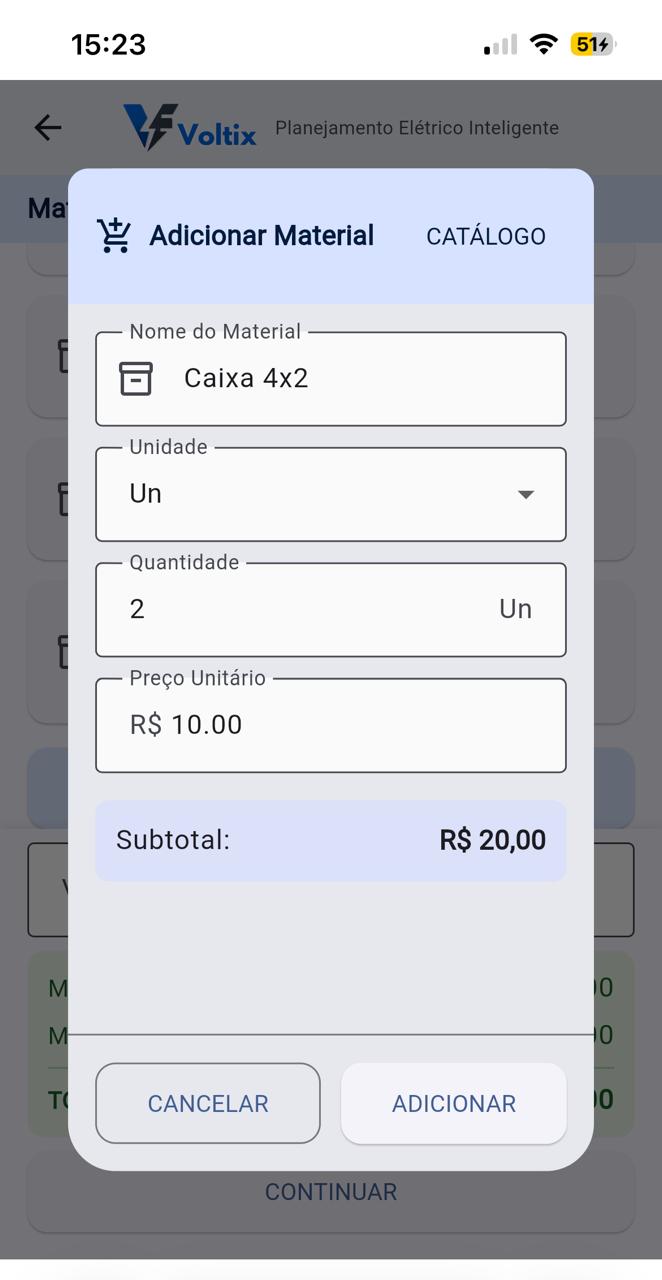 App Voltix memorizando preço do material
